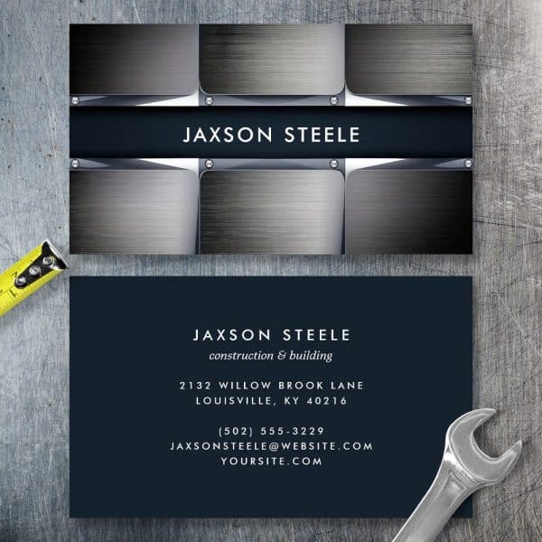 Jaxson Steele Construction And Building Business Card With A Brushed Metal Design.