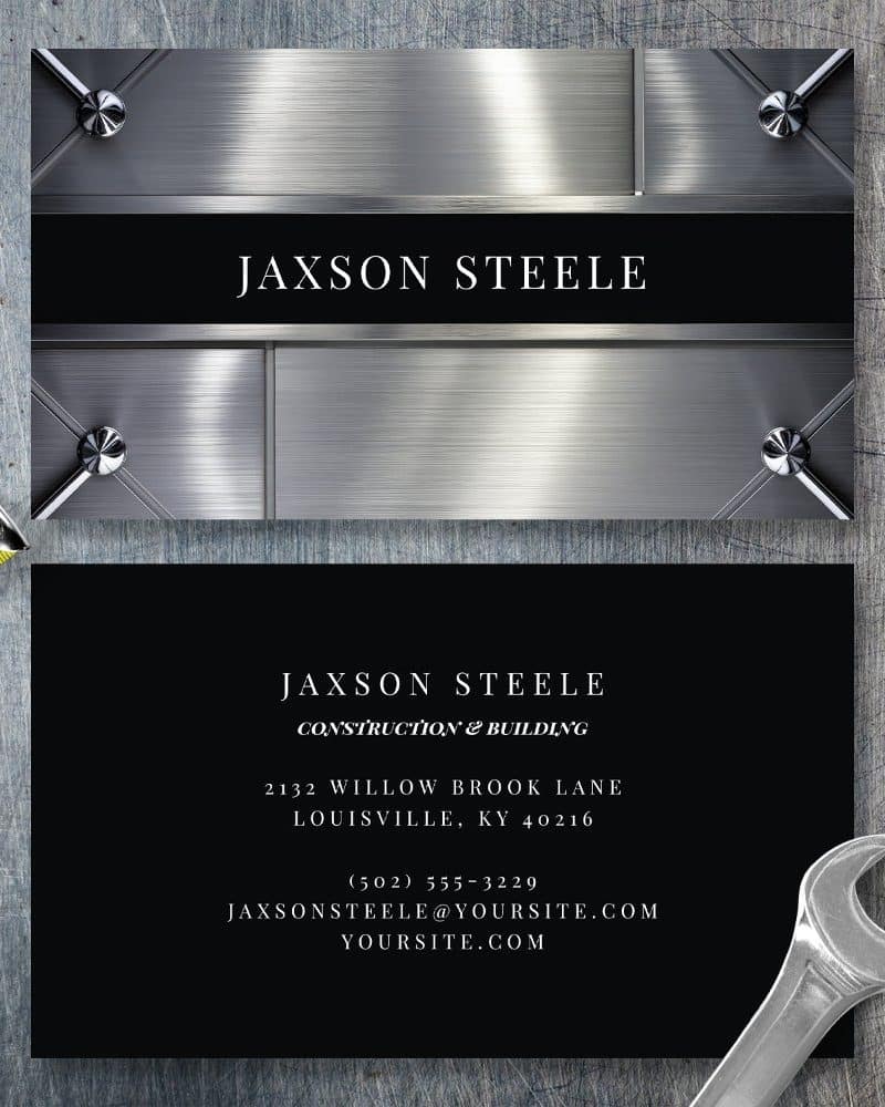 Two business cards for Jaxson Steele Construction & Building, one with a brushed metal design and the other black with white text, are shown.