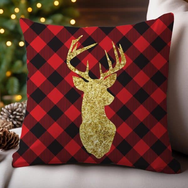 Red And Black Buffalo Plaid Throw Pillow With A Gold Glitter Deer.
