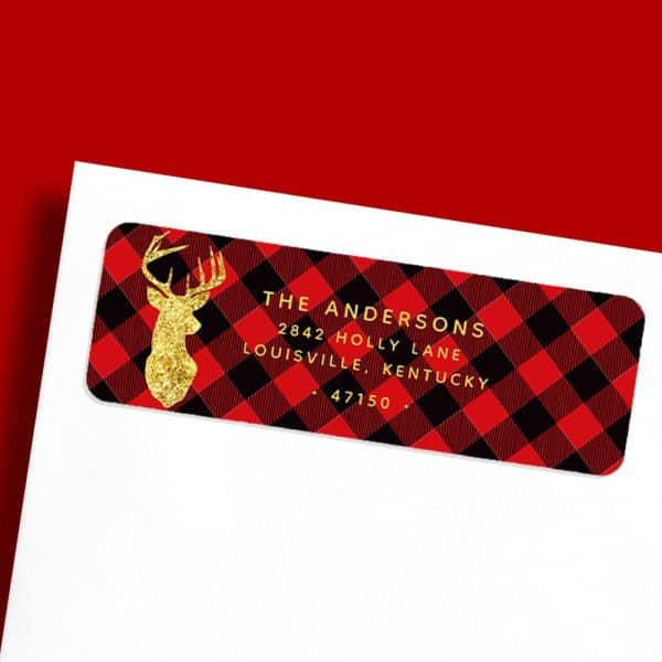Red And Black Buffalo Plaid Return Address Label With A Gold Glitter Deer And The Andersons Family Address.