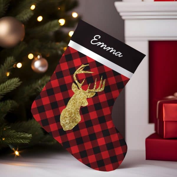 Personalized Christmas Stocking With Red And Black Buffalo Plaid Pattern And Gold Glitter Deer.