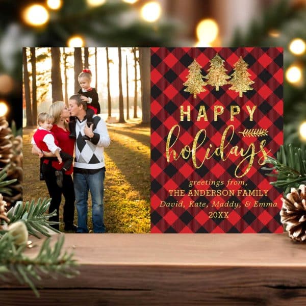 Christmas Holiday Card Featuring A Family Photo With A Red And Black Plaid Background.