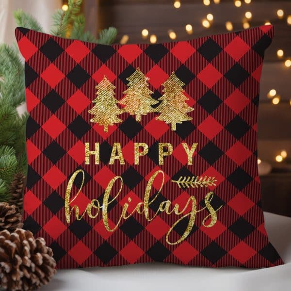Red And Black Buffalo Plaid Pillow With Gold Glitter Happy Holidays Text And Three Gold Glitter Christmas Trees.