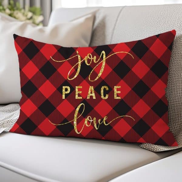 Red And Black Buffalo Plaid Rectangular Pillow With Gold Glitter Lettering Spelling Joy Peace Love.