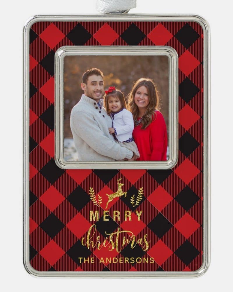 Red and black buffalo plaid Christmas ornament featuring a family photo and Merry Christmas text.