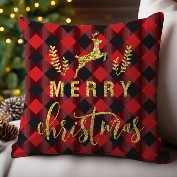 Red And Black Plaid Christmas Pillow With Gold Glitter Lettering That Says Merry Christmas And A Gold Glitter Reindeer.