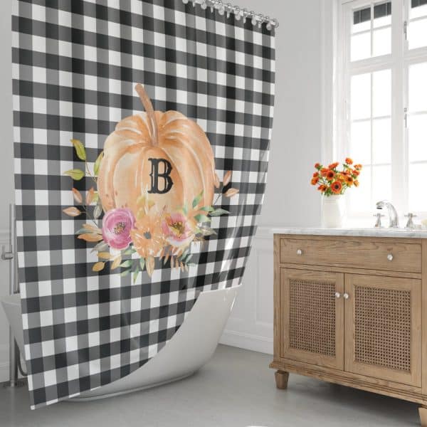 Black And White Buffalo Plaid Shower Curtain Featuring A Watercolor Pumpkin With The Letter B And Autumnal Flowers.