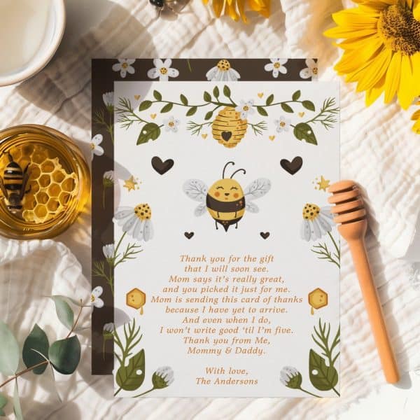 A Child'S Thank You Card Featuring A Cartoon Bee And Honeycomb Illustrations, With A Handwritten-Style Message Expressing Gratitude For A Gift.