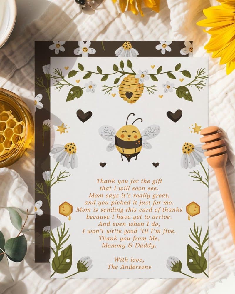 A child's thank you card featuring a cartoon bee and honeycomb illustrations, with a handwritten-style message expressing gratitude for a gift.