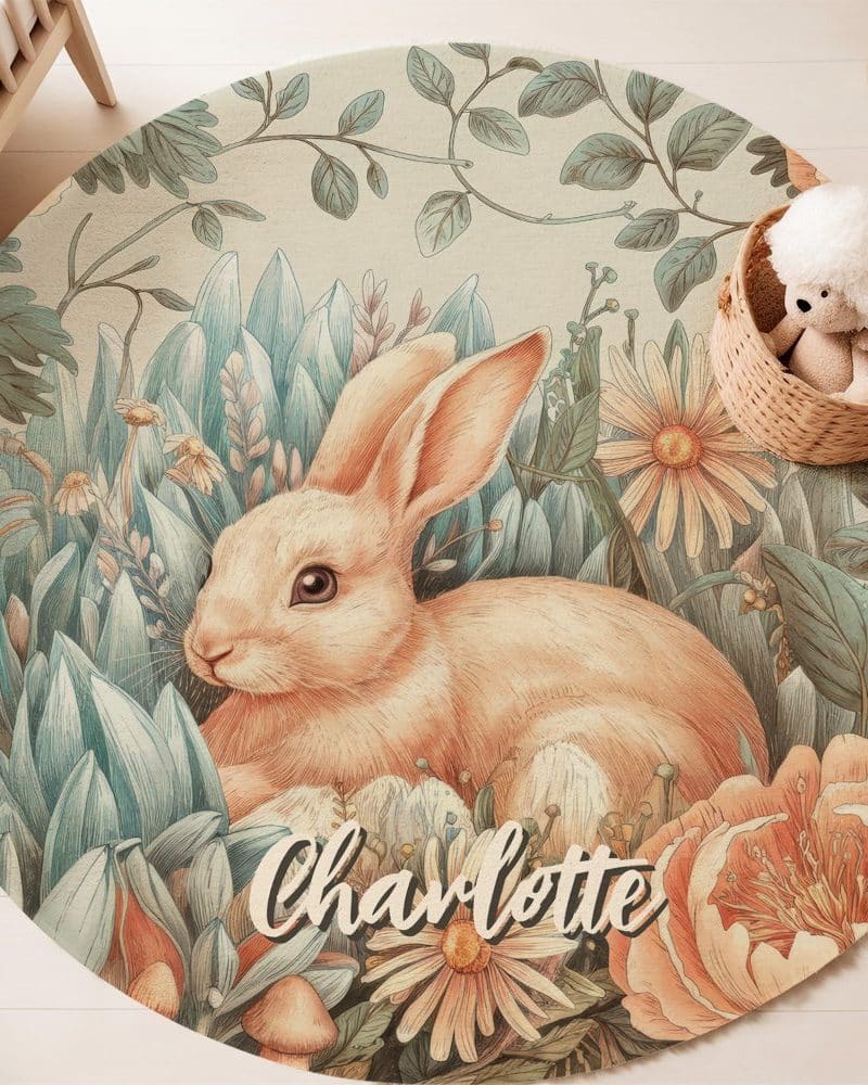 Round rug featuring a light brown bunny surrounded by flowers and foliage, with the name Charlotte printed below.