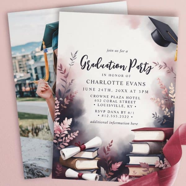 Graduation Party Invitation For Charlotte Evans, Featuring A Graduate'S Photo And Academic Imagery.
