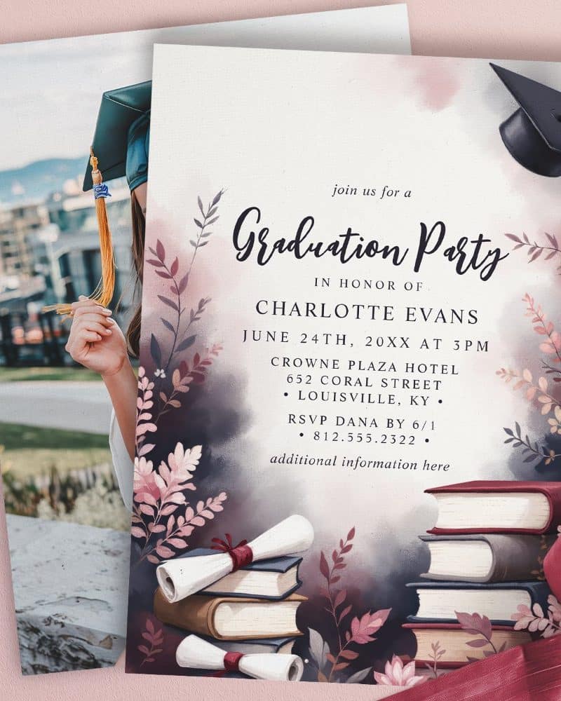 Graduation party invitation for Charlotte Evans, featuring a graduate's photo and academic imagery.
