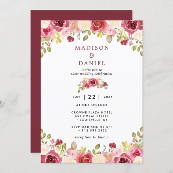 Wedding Invitation For Madison And Daniel, Featuring Watercolor Floral Border.