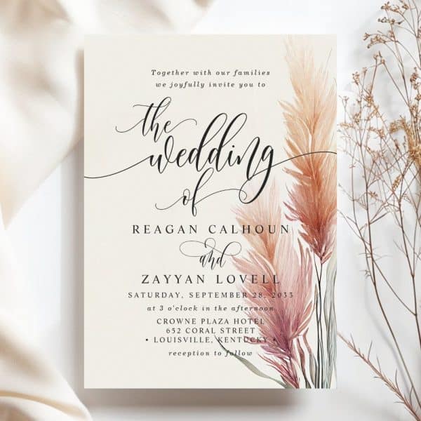 Wedding Invitation For Reagan Calhoun And Zayyan Lovell, Featuring Pampas Grass Illustration.