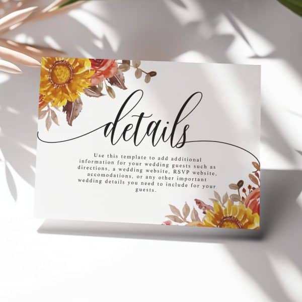 Wedding Details Card With Autumnal Floral Design.