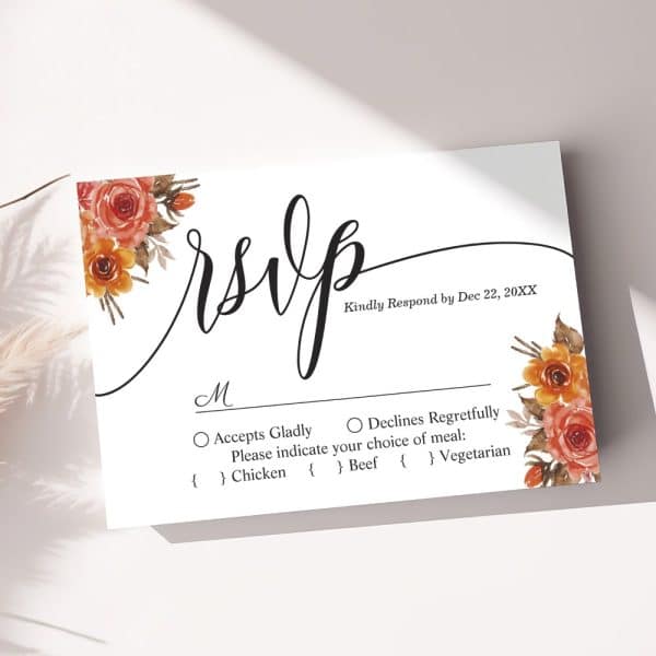 Floral Rsvp Card With Options To Accept Or Decline An Invitation And Meal Choices.