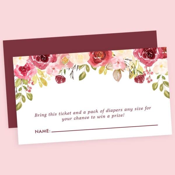 A Baby Shower Raffle Ticket With A Watercolor Floral Border Of Red And Pink Roses.