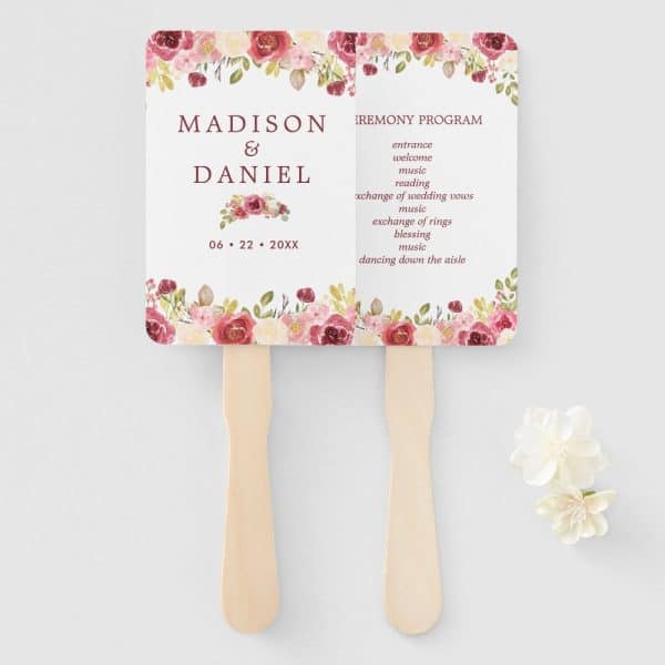 Burgundy Floral Wedding Program Hand Fan
