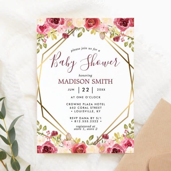 Baby Shower Invitation For Madison Smith, Featuring Burgundy And Pink Floral Design With Gold Geometric Frame.