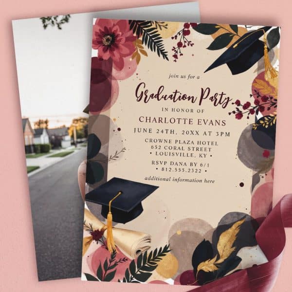 Graduation Party Invitation For Charlotte Evans, Featuring A Graduation Cap, Diploma, And Floral Design.