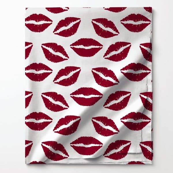 White Fabric With A Repeating Pattern Of Dark Red Lipstick Kisses.