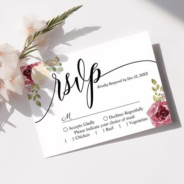 Wedding Rsvp Card With Floral Decorations, Requesting Response By December 22Nd And Meal Choice.