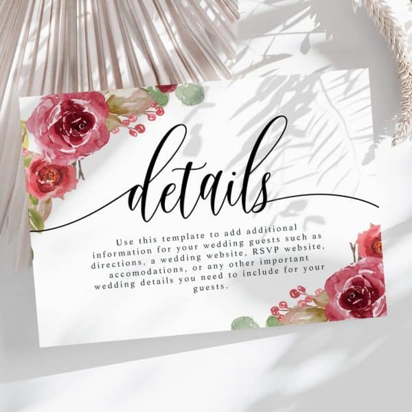 Wedding Details Card With Burgundy Floral Border And The Word Details In Elegant Script.