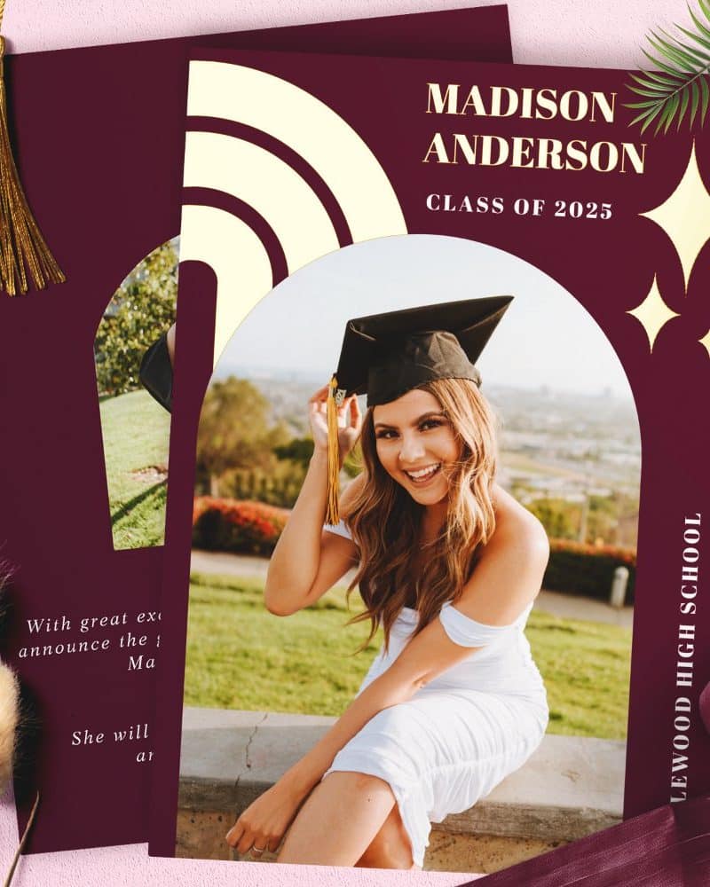 Graduation announcement featuring Madison Anderson, Class of 2025, Lewood High School. A photo shows her in a cap and gown.