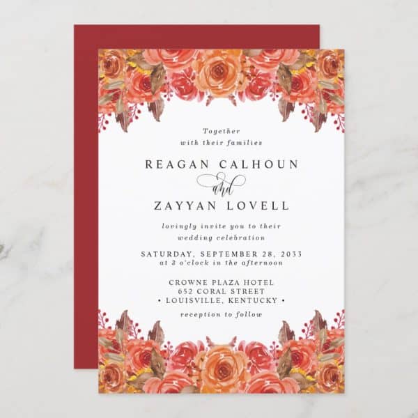 Wedding Invitation With Orange Floral Border And Details For Reagan Calhoun And Zayyan Lovell'S Wedding.