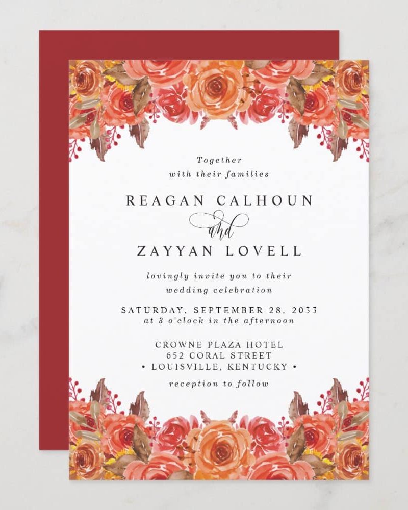 Wedding invitation with orange floral border and details for Reagan Calhoun and Zayyan Lovell's wedding.