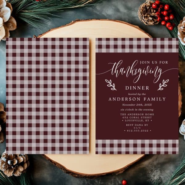 Thanksgiving Dinner Invitation With Burgundy And Gray Gingham Pattern.