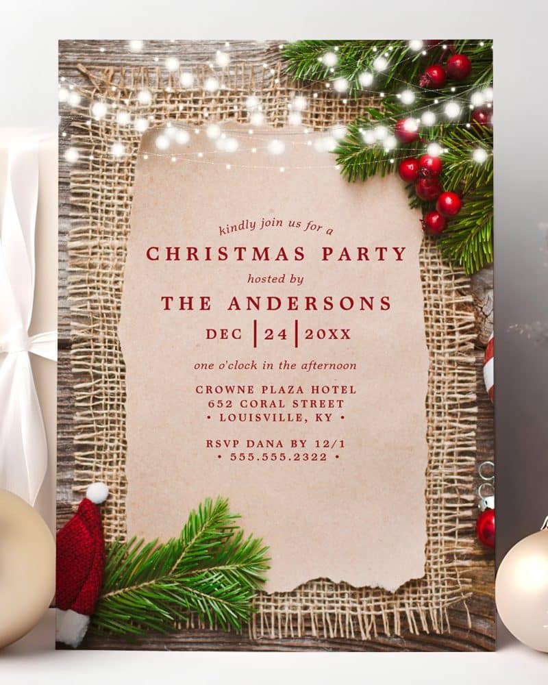 Christmas party invitation with rustic design; The Andersons' party details are on a parchment-style paper bordered with burlap, evergreen boughs, and string lights.