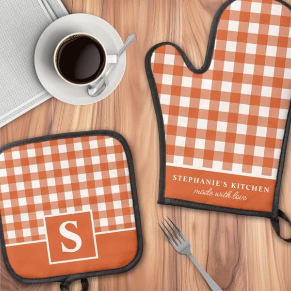 Orange And White Gingham Oven Mitt And Pot Holder With Personalized Text.