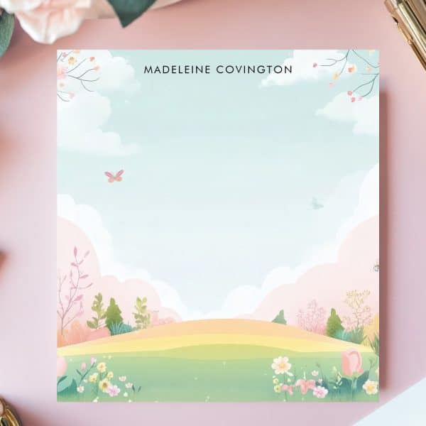 Personalized Notepad Featuring A Pastel Landscape With Flowers, Butterflies, And A Soft Sky.