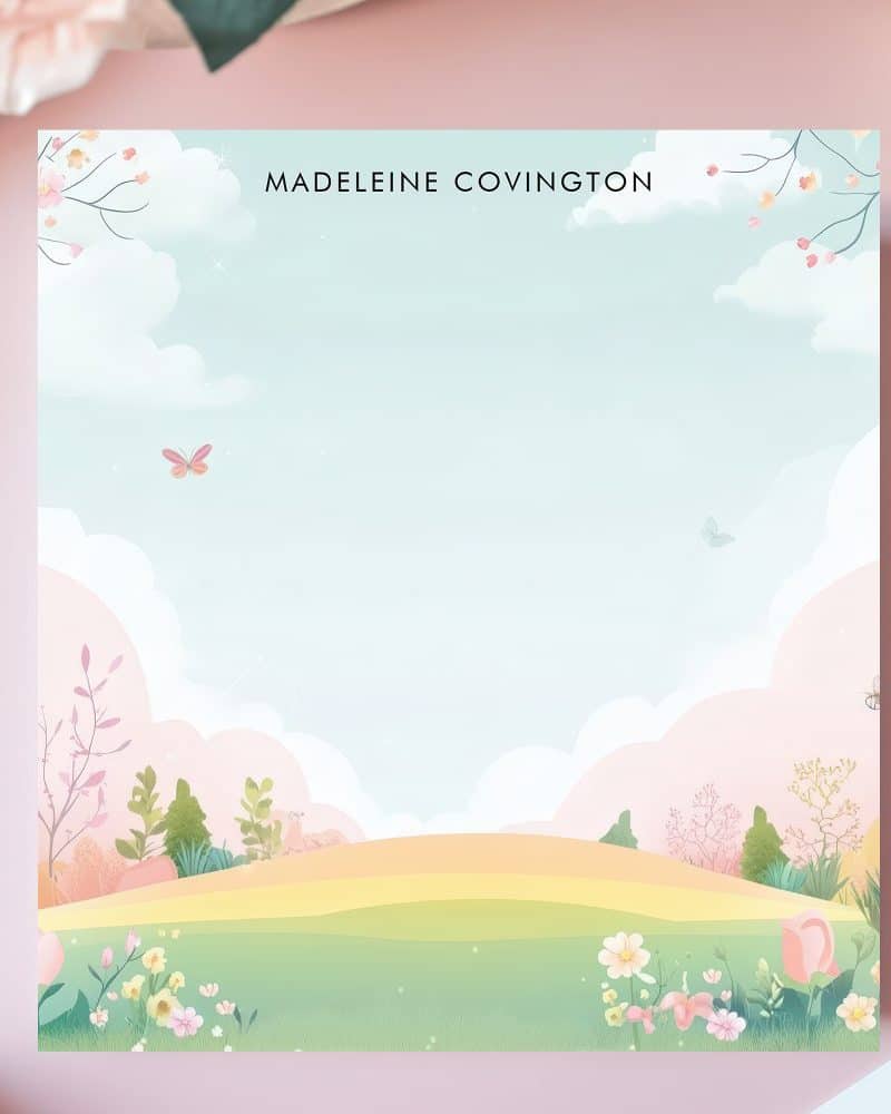 Personalized notepad featuring a pastel landscape with flowers, butterflies, and a soft sky.