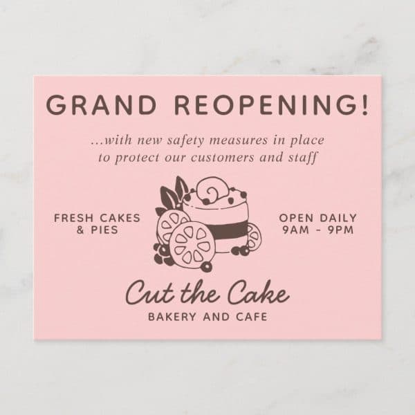 Pink Announcement For Cut The Cake Bakery And Cafe Grand Reopening, Featuring A Drawing Of A Layered Cake With Fruit.
