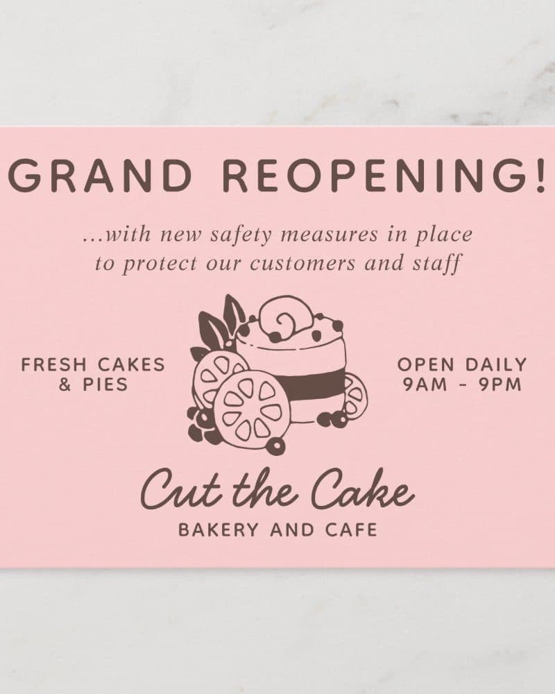 Pink announcement for Cut the Cake bakery and cafe grand reopening, featuring a drawing of a layered cake with fruit.