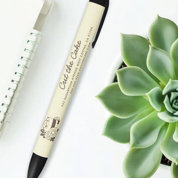 Cream-Colored Pen With Black Accents And Cut The Cake Bakery Logo.
