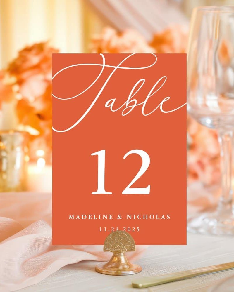 Calligraphy Verona Sunset Orange Modern Wedding Table Number