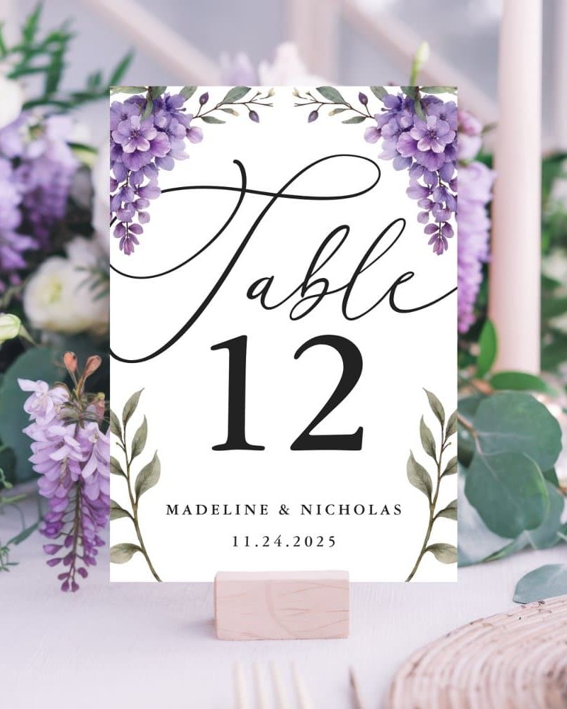 Calligraphy Wisteria Greenery Watercolor Wedding Table Number