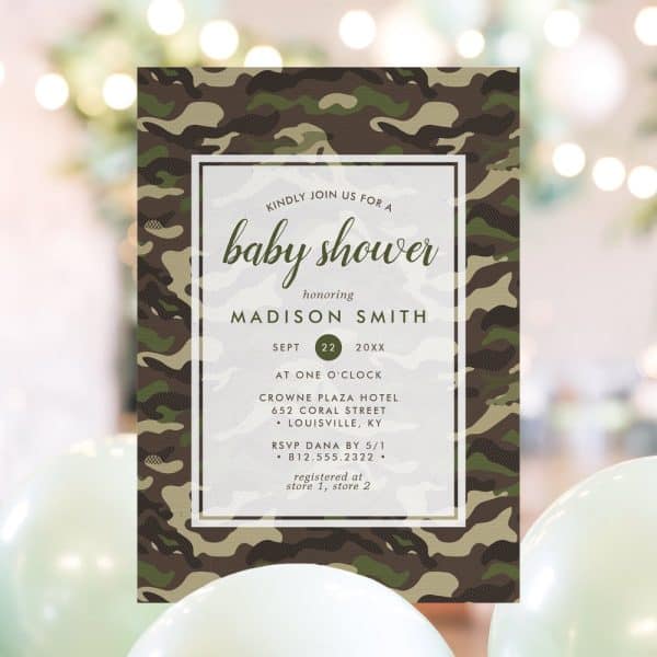 Baby Shower Invitation For Madison Smith, Featuring A Camouflage Pattern.