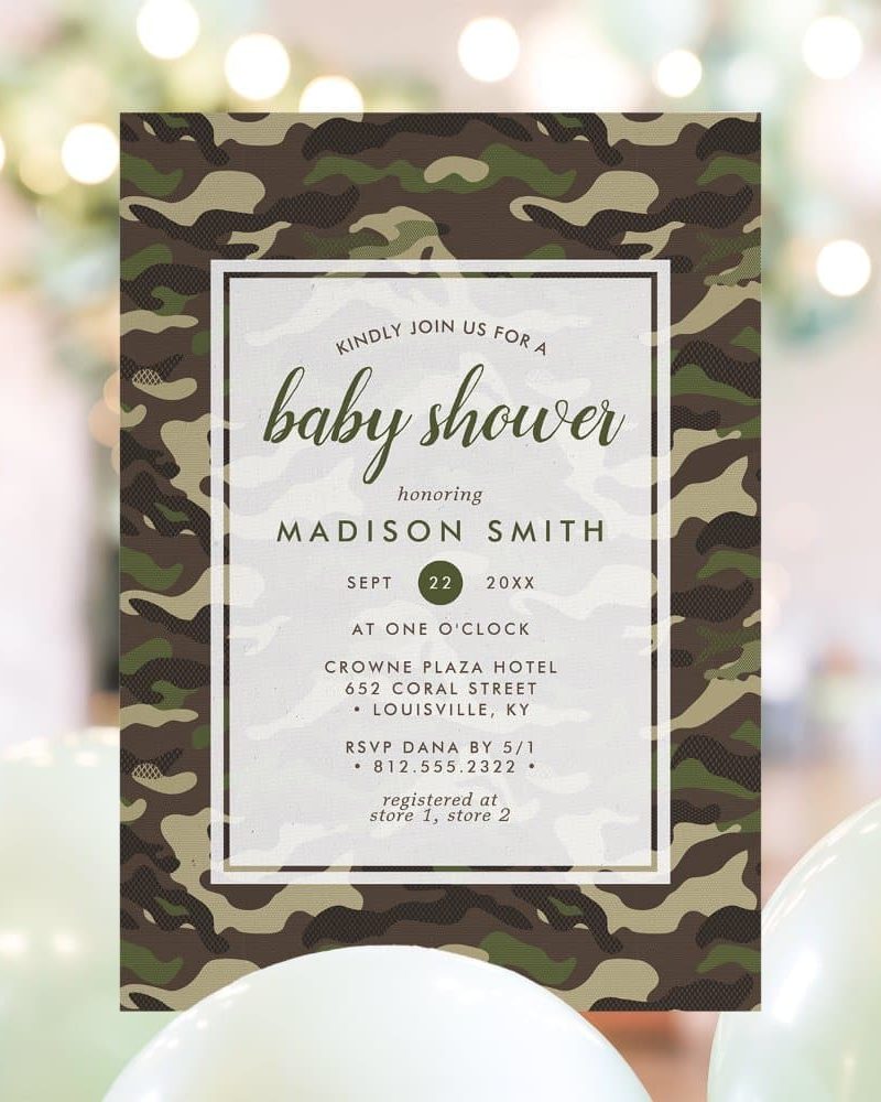 Baby shower invitation for Madison Smith, featuring a camouflage pattern.