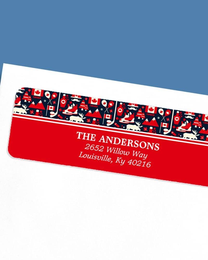 Return address label with Canadian themed border and The Andersons address.