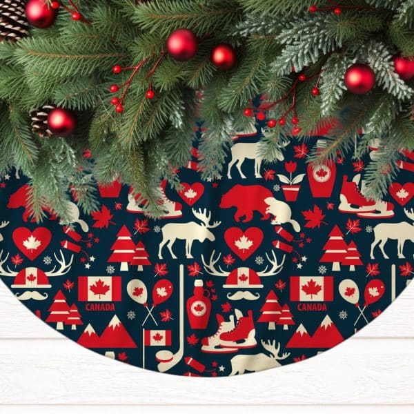 A Canadian-Themed Christmas Tree Skirt With Red And White Icons On A Navy Background.