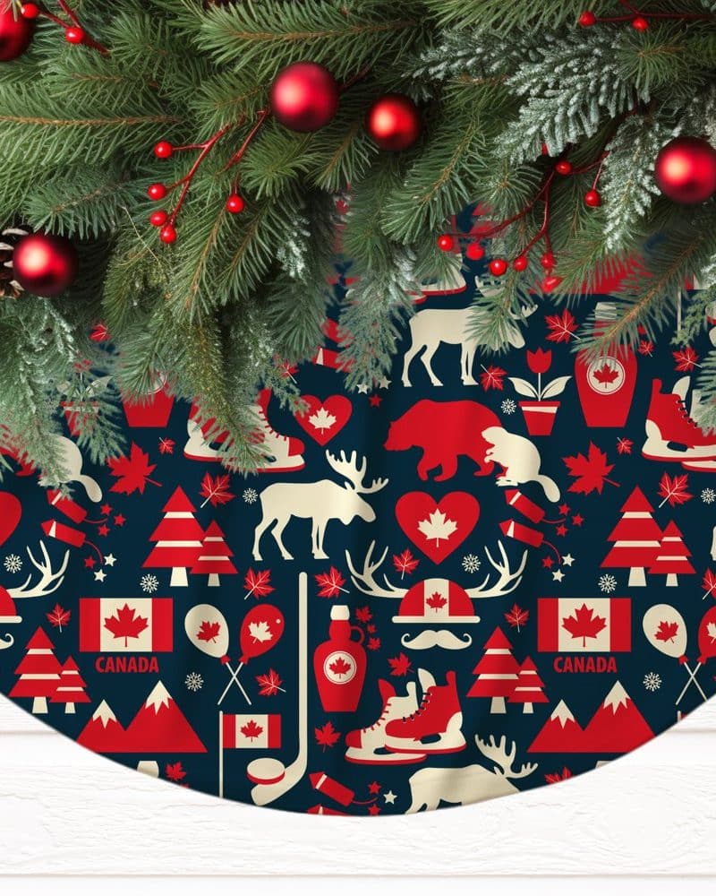 A Canadian-themed Christmas tree skirt with red and white icons on a navy background.