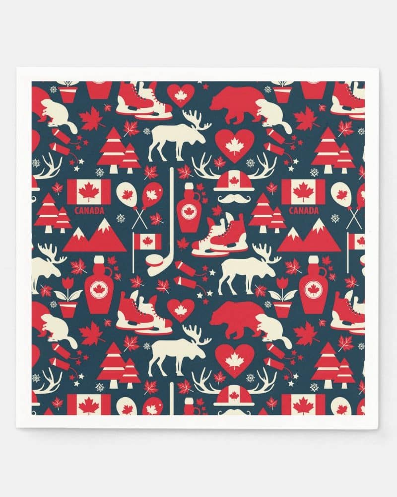 Canadian themed pattern featuring a repeating design of red and white maple leafs, animals, and hockey skates on a dark blue background.