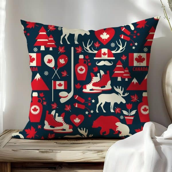 Dark Blue Square Pillow With A Repeating Pattern Of Canadian Icons In Red And White.