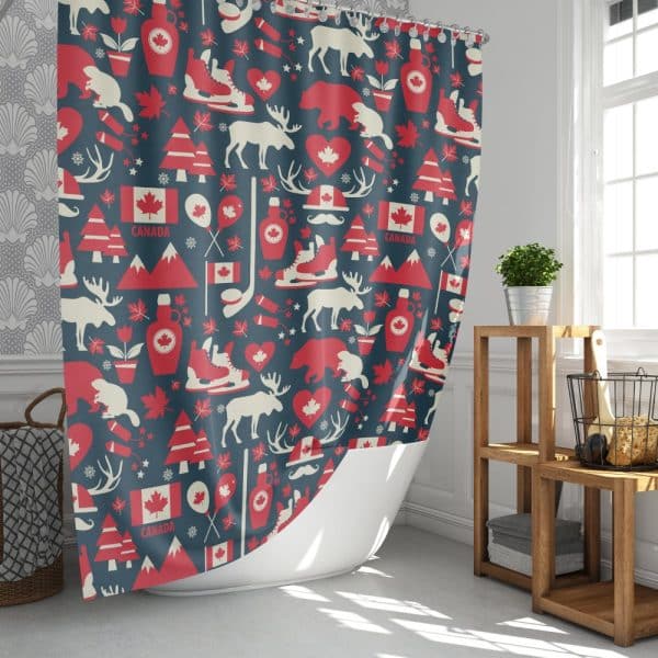 A Dark-Blue Shower Curtain With A Red And Off-White Repeating Pattern Of Canadian Icons, Including Maple Leaves, Animals, And Hockey Skates.
