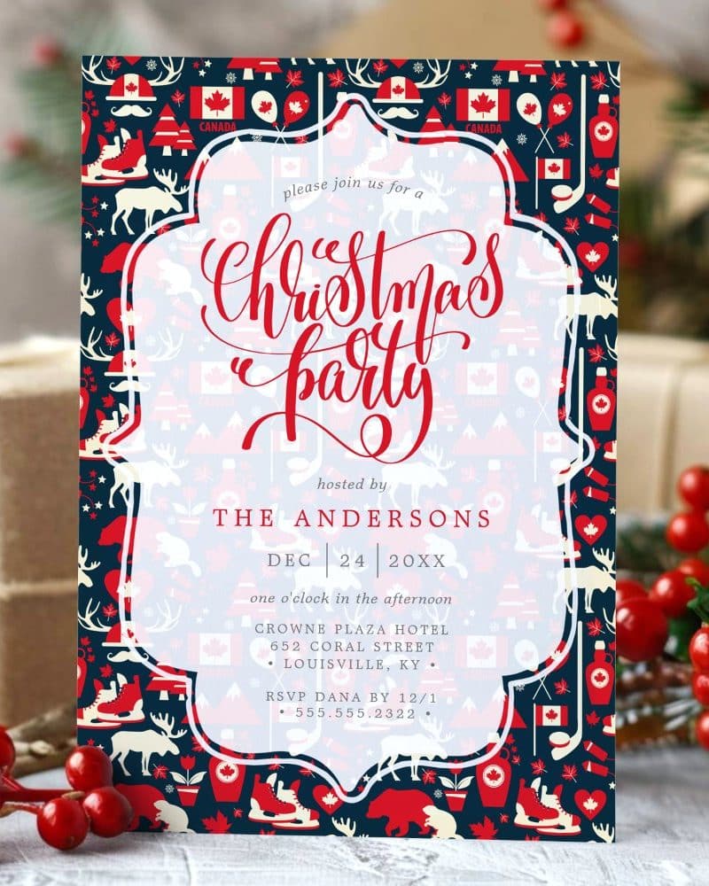 A Christmas party invitation with a dark blue background and red and white Canadian-themed illustrations. The invitation features the words Christmas Party in stylized script.