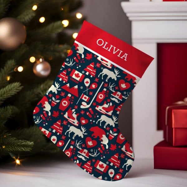 Personalized Christmas Stocking With A Canadian Theme, Featuring Red And White Canadian Icons On A Dark Blue Background. The Name Olivia Is At The Top.